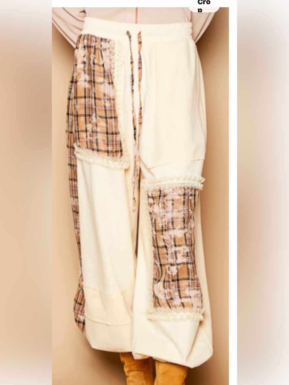 POL Cream Wide-Leg Pants with Tan Plaid Patchwork